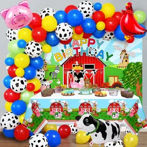 91Pcs Farm Animals Party Decorations Supplies, Farm Barn Animal Backdrop Farmhouse Decor Tablecloth Cow Print Horse Balloon Arch Garland Kit 1St Baby Shower Birthday Party Supply For Kids Girls