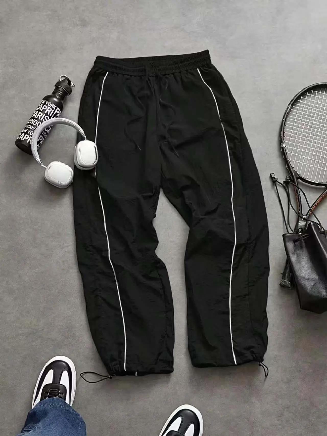 Men's Black Parachute Track Pants with White Side Stripes-Stretch Lightweight Cargo Trousers with Adjustable Drawstring Hem & Elastic Waist, Y2K Streetwear Joggers, No-Logo, S-XXL, Fast US Shipping #ParachuteTrackPants #StreetwearStyle #TikTokMadeMeBuyIt