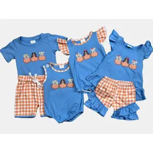 Fall Freshness Alert Puppy + Pumpkin Print Short Sleeve Kids Set Cuteness Overload Halloween Vibes Blue T-Shirt & Orange Gingham Shorts