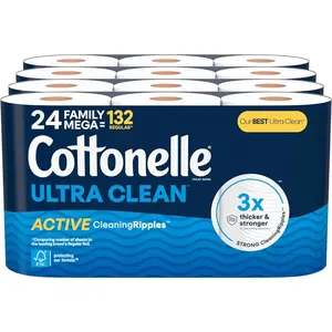 Cottonelle Ultra Clean Toilet Paper with Active CleaningRipples Texture, 24 Family Mega Rolls (24 Family Mega Rolls = 132 Regular Rolls) (4 Packs of 6), 353 Sheets Per Roll, Packaging May Vary