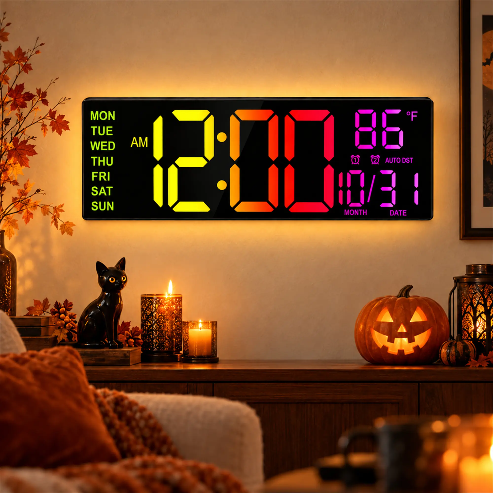LEIKE 16.2" LED Large Digital Wall Clock - Rectangular Colorful House Decor Room Accessory, Cool Room Decor for Adult, Multi-Functional Home Supply with Remote Control, Dual Alarm, 8 RGB Colors, Auto DST, Temperature Display