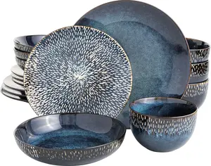 16 Piece Double Bowl Dinnerware Set, Cobalt Blue