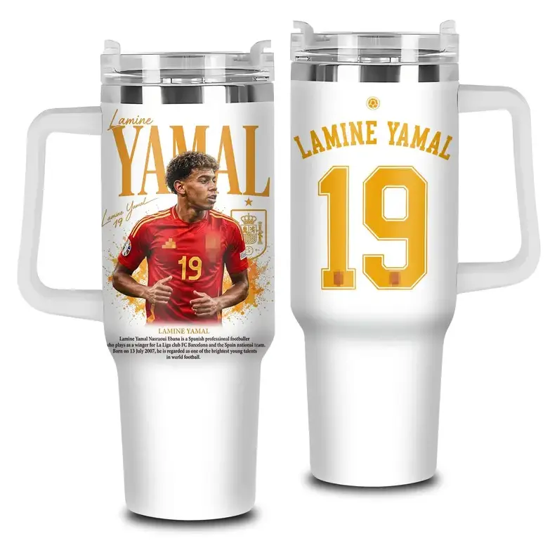 [Gift Box & Straw] Spain No.19 Football 40oz Stainless Steel Tumbler with Handle, Double Wall Vacuum Insulated Travel Mug, Soccer Fan Cup, Leak-Resistant Drinkware, Fits Car Cup Holder, Football Supporter Gift