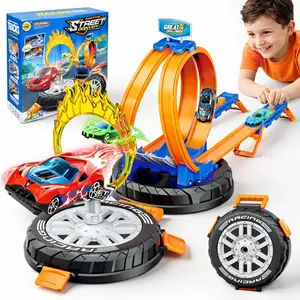 2-in-1 360° Loop Stunt Race Track Set with Alloy Cars, DIY Assembly Launch Slot Car Toy, Easy to Store Tire Storage Design, Screen-Free STEM Toy for Kids 3-8, Perfect Birthday Gift for Boys Girls