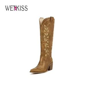 Wetkiss Women’s Knee-High Western Cowboy Cowgirl Boots, Embroidered Pointed Toe Chunky Heel Side Zipper Boots, Walking Shoes, Women Shoes