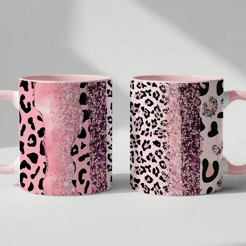 Pink Leopard Glitter Split Print Coffee Mug 11oz, Black Interior Handle ...
