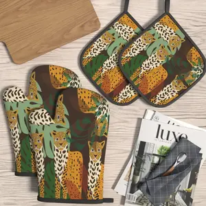 4pcs Oven Mitts And Potholders Jungle Leopard Print Kitchen Heat Resistant Oven Mitts And Pot Holders Sets Suitable For Grilling, Cooking, Baking, Broiling, Microwave And Kitchen Decoration Gifts