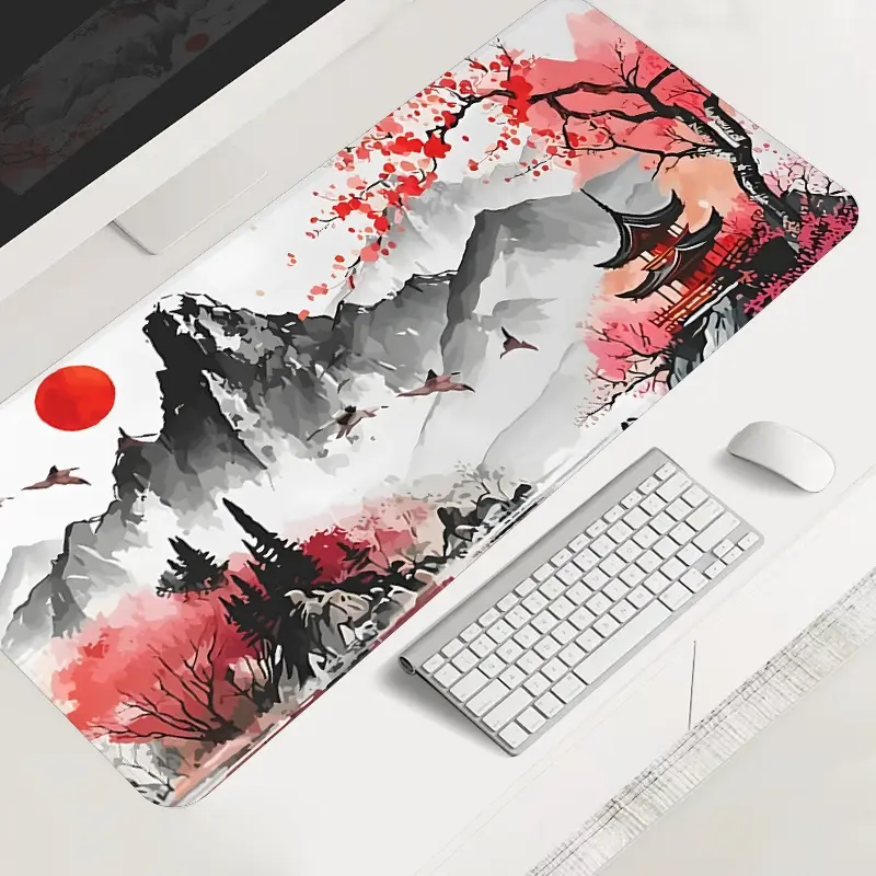 Red and Black Landscape Cherry Blossom Mountain Large-sized Gaming Mouse Pad,Desktop Protection Pad, Anti-slip Rubber Lock Edge High-definition Printing, Suitable for Computers, Laptops, Offices, Homes, Schools, as a Gift for Family and Friends