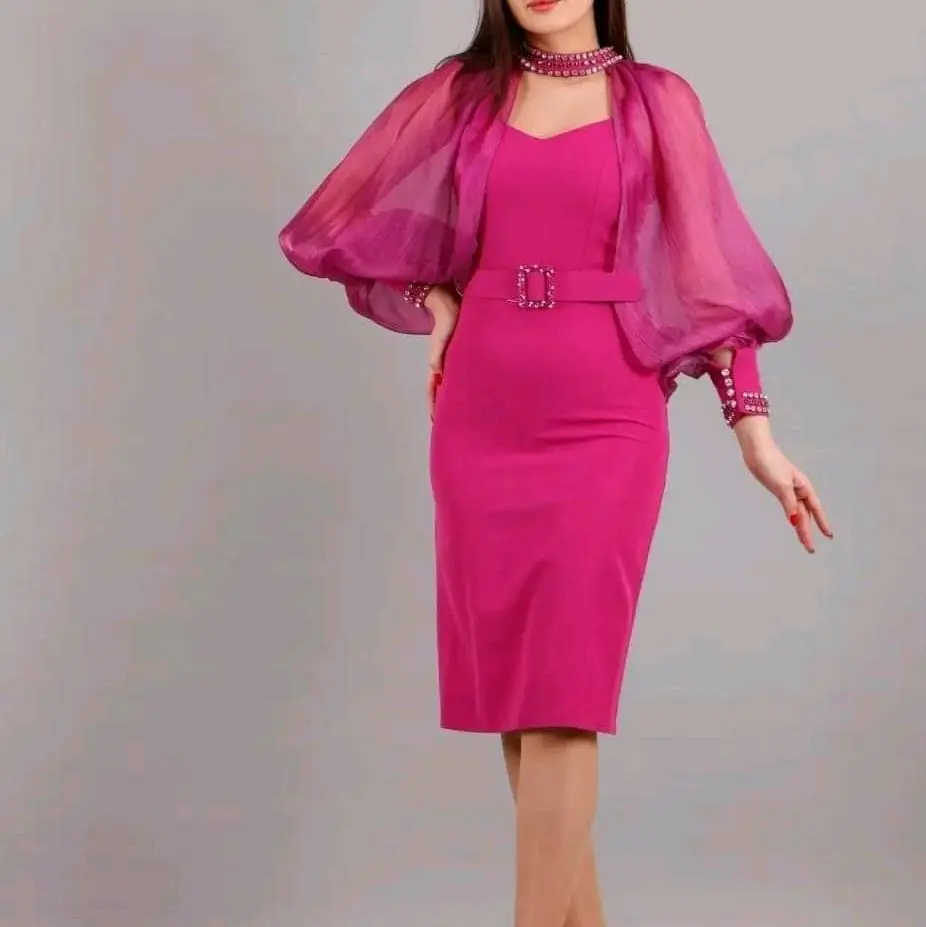 2-piece fuchsia evening dress with puff sleeves