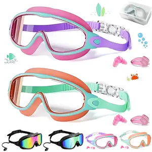 Swim Goggles 2 Pcs with Nose Cover for Ages 3-12+ Kids & Youth, UV Protection Anti-Fog Wide View Anti-Shattered Lens, Waterproof Adjustable Swimming Goggles for Outdoor, Lake, Beach & Summer Fun water