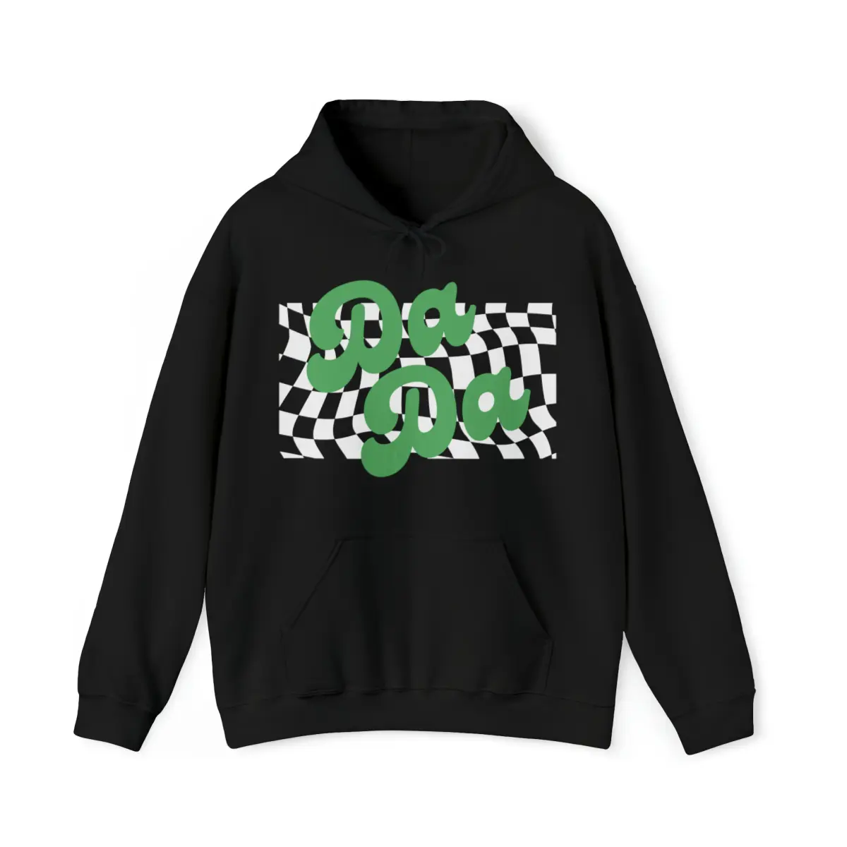 Dada Hoodie with Green Tone Lettering Black and White Checkerboard Graphic