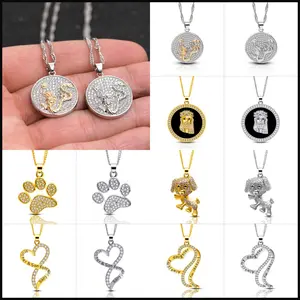 New footprint heart-shaped round pendant dog necklace with copper and diamond inlay, personalized jewelry sweater chain