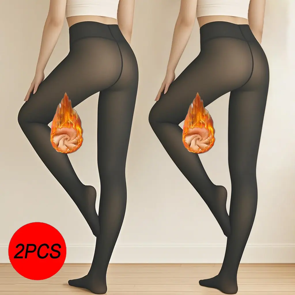2 Pairs Fleece Lined Tights Women - One Seam Warm Sheer Pantyhose Fake Translucent Tights Winter Thermal Leggings