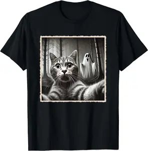 Funny Halloween Cat Costume Scary ghost costume - Halloween, Cat Selfie With Ghost  Funny & Spooky Halloween T-Shirt - 100% Cotton Men & Women Relaxed Fit T-shirt