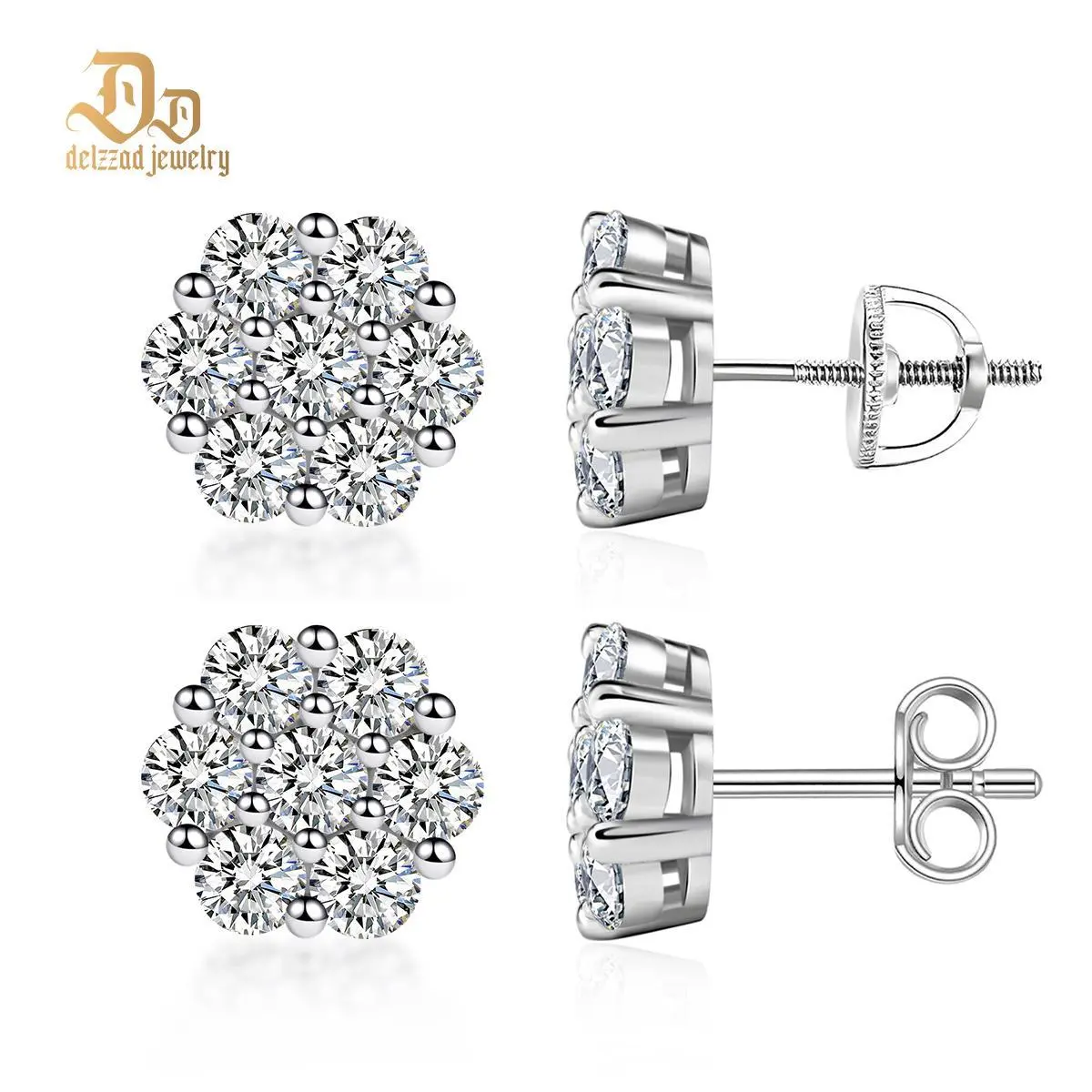 Delzzad S925 Floral Stud Earrings Flower Lab Created Moissanite Stud Earring Screw Back/Butterfly Back Moissanite Jewelry Perfect Birthday Mother’s Day Unisex Christmas Gift for Men Women Wedding Set