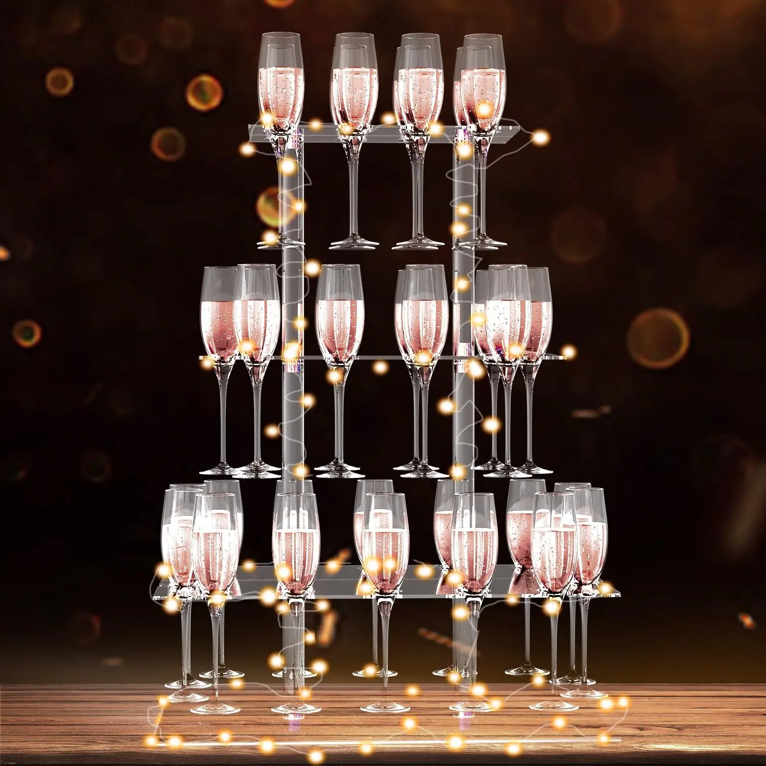 Champagne Display Holder Stand for Party, 3 Tier Clear   Glass Stemware Rack Champagne Flute Holder with Led Light,  Tree Stand, 32 Slots, Measures 26" x 20" x 12"