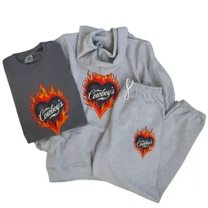 Cowboys Flame Heart Matching Set for Women, Grey Oversized Sweatpant, Western Lounge Outfit, Country Girl Outfits, Comfortable Sweatpants, Cozy Loungewear, Comfort Colors Shirt, Oversized Hoodie, Women's Joggers