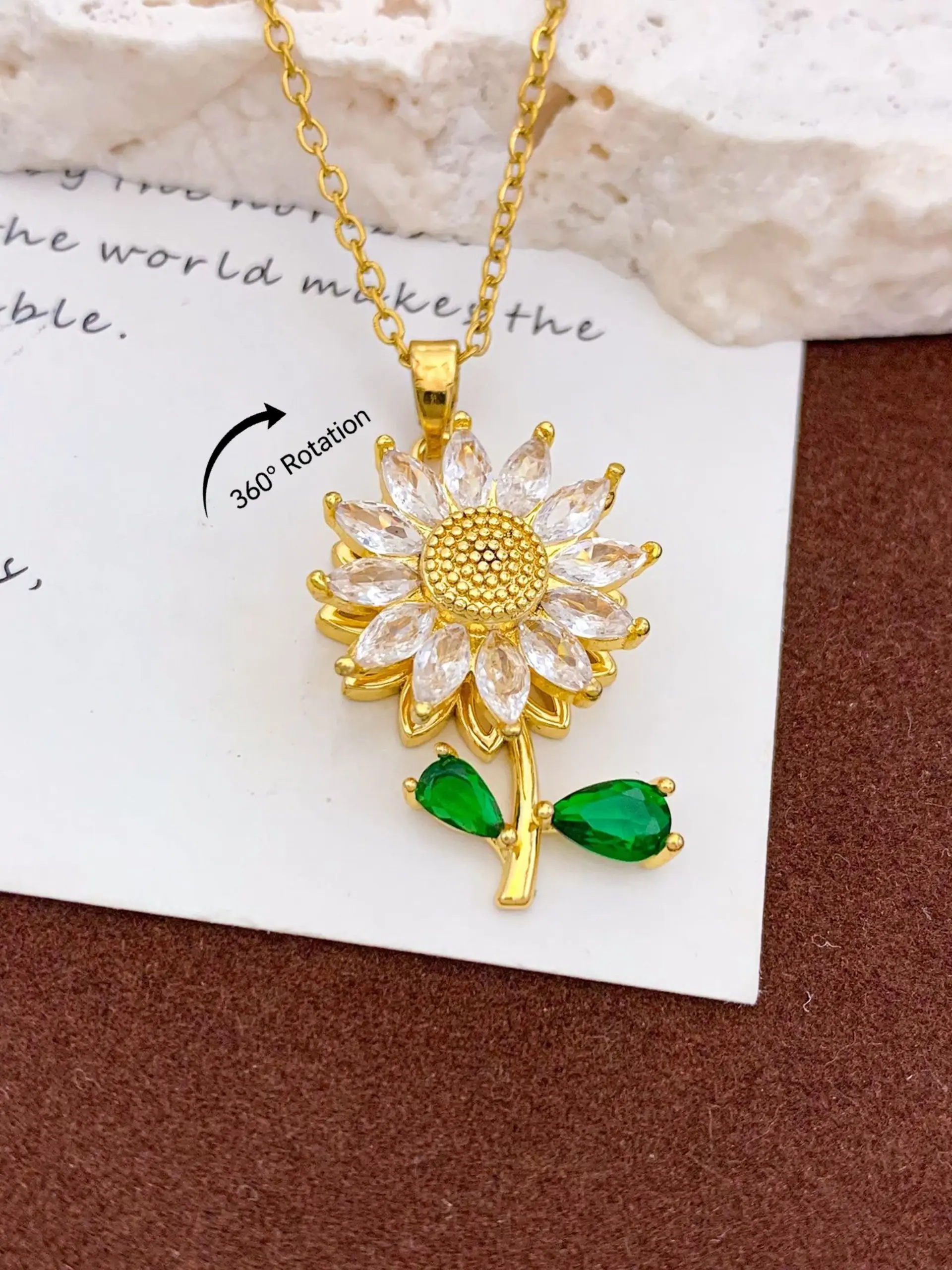 Cute Sunflower Spinning Necklace with Green Leaves Fidget Anxiety Relief Pendant Gift Boxed for Women Mom