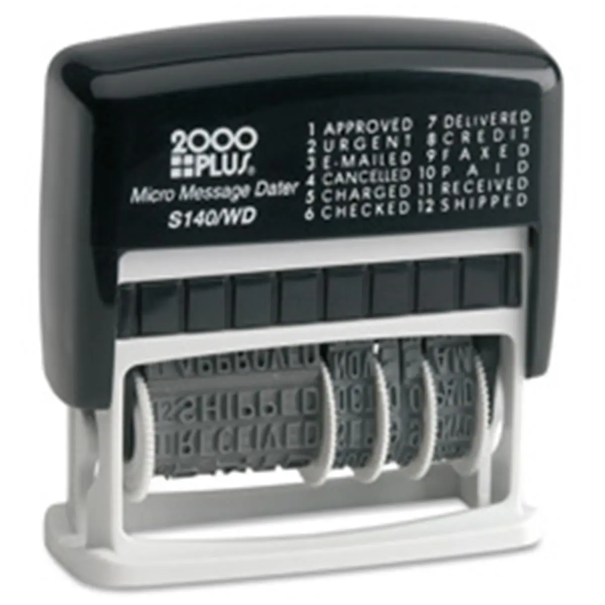 Consolidated Stamp Mfg-Co Micro Message Dater Office Accessories - 12-Message, 6-Yr, 0.16in x 1.69in, BK-SR, No Separate Stamp Pad Required - Office Equipment Parts for Credit, Delivered, Paid