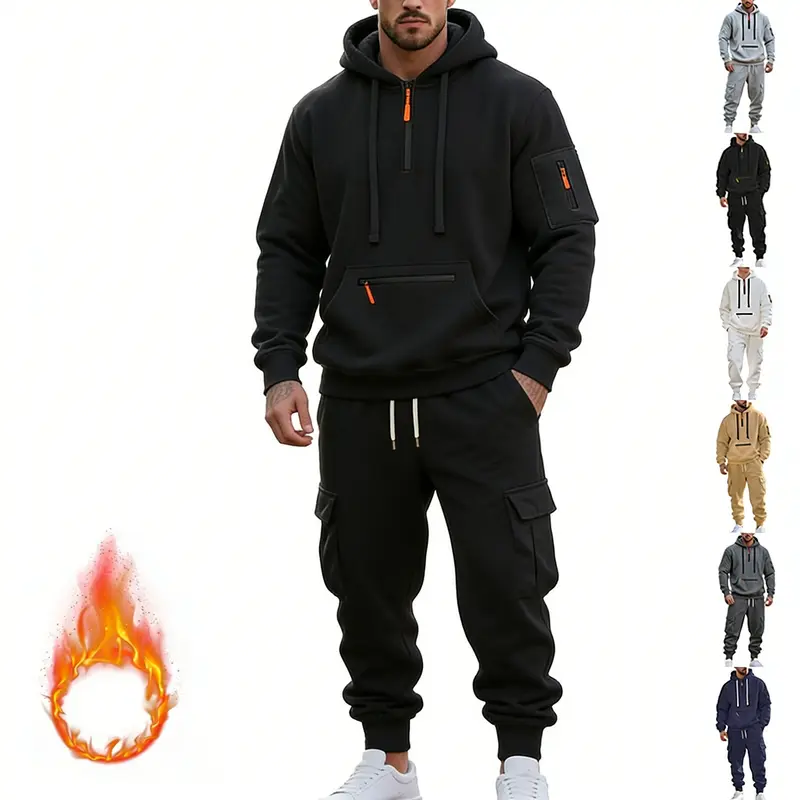 Men's Winter Heavyweight Fleece Lined Casual Set, Loose Fit Sporty Multi Pocket Workwear Suit, Warm & Comfortable Outerwear