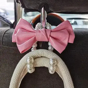 2PCS Car Headrest Hook, Pink Bow Pearl Seat Back Hanger, Universal Auto Organizer for Purse Bag Coat, Car Interior Accessories