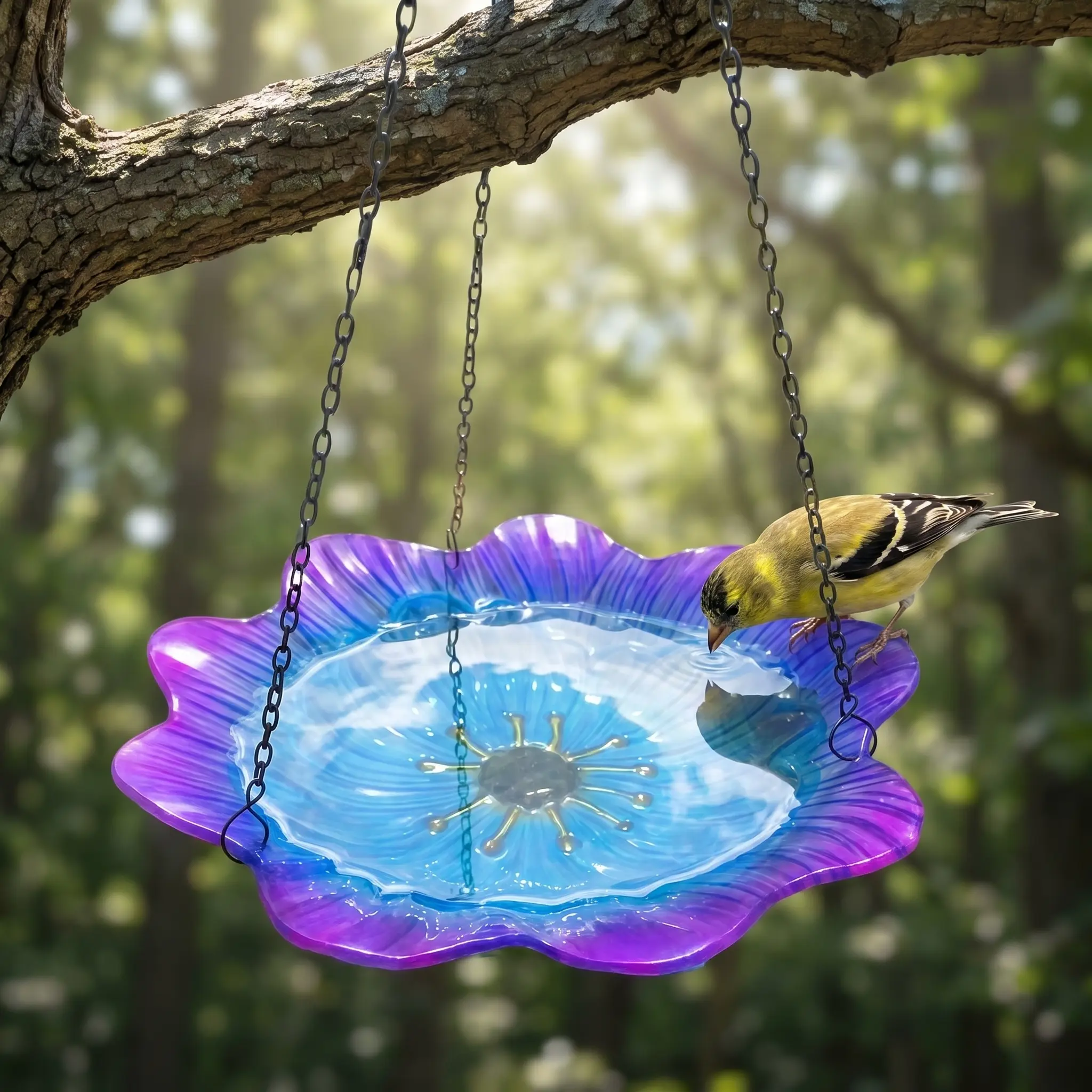 Hanging Glass Bird Bath & Feeder, 12-Inch Flower Design, Blue-Purple Gradient, 2-in-1 Function, Heavy Chain, Outdoor Home Improvement Garden Decor gift