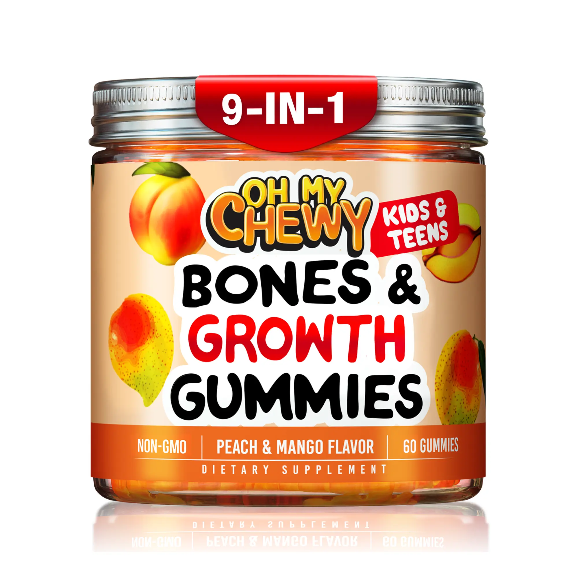 Kids & Teens Bones & Growth Gummies – Calcium, Vitamin D3, K2 & Zinc Chewable Vitamins, Peach & Mango | OH MY CHEWY