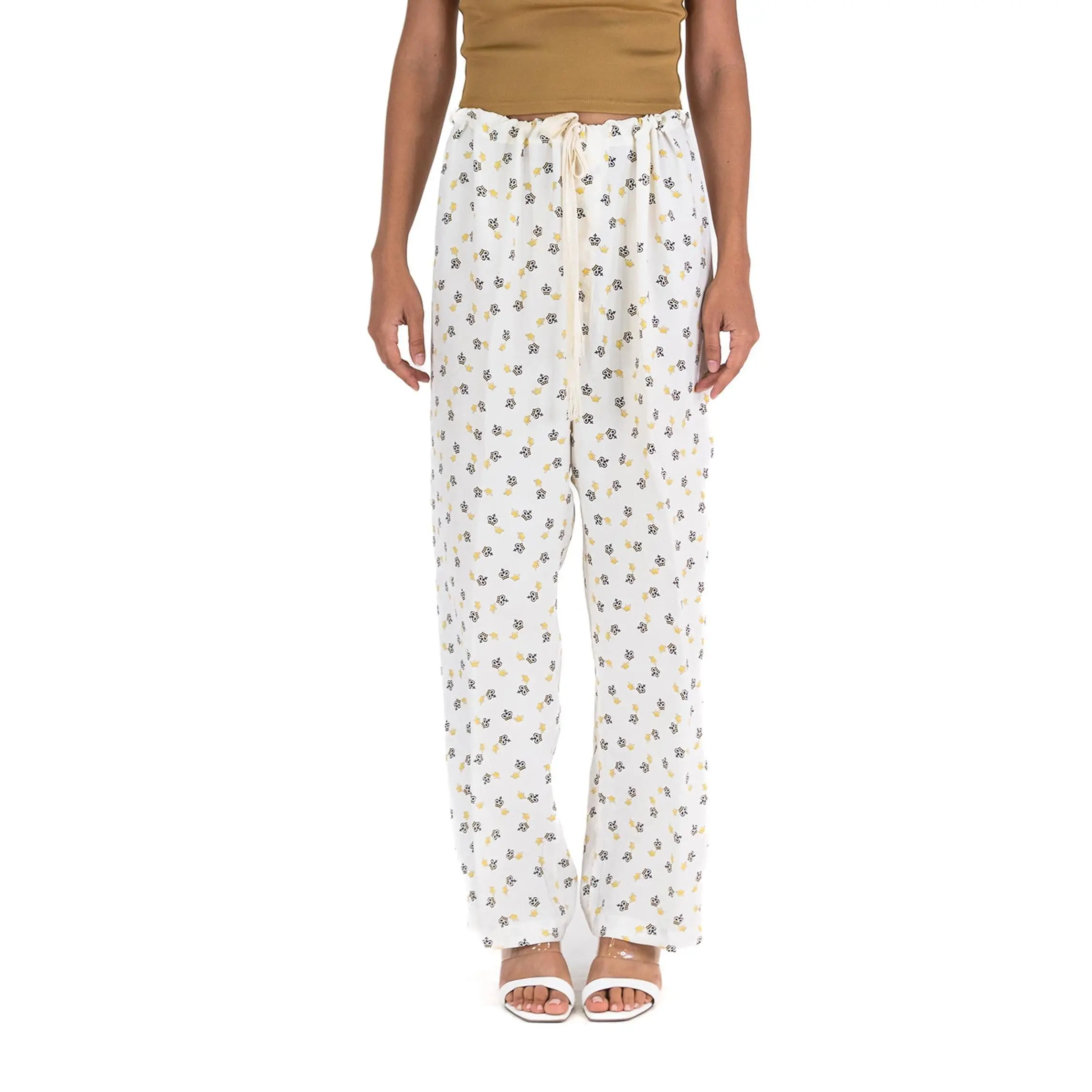 1940S Off White Cold Rayon Novelty Crown Print Pants