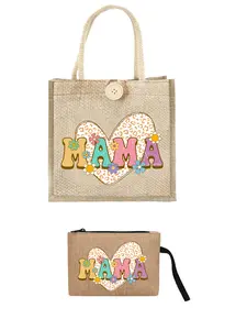 Reusable Jute Tote Bag Features A "Mama" Pattern. Made Of Burlap With Rope Handles, This Large-Capacity Shopping Bag Is Perfect For The Beach, Travel, And Everyday Shopping. Suitable For Men, Women, And Of All Ages