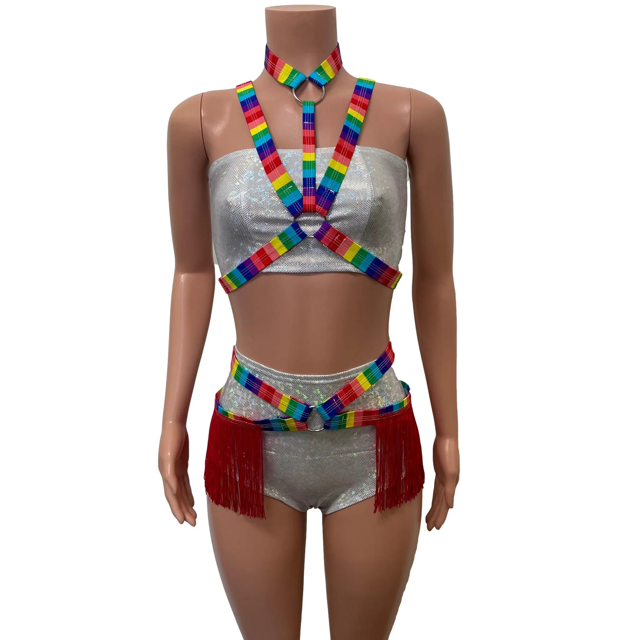 Fringe Harness Set in Rainbow Stripe | Cage Bra Rave Body Harness Outfit w/ Fringe Skirt and Choker Pride Outfit