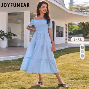 [US shipping]Joyfunear One Collar Strapless Long dress Solid Elegant Party Dress Cute Clubwear Women's 2025 Casual Loose Plain Sundress Medi Smocked Tank Dress Sleeveless Summer Beach Tiered Long Dresses
