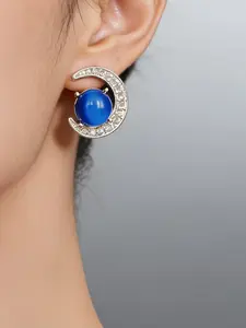 Star Moon Blue Agate Earrings with Rhinestones, Crescent Design, Unique Fashion Jewelry, Luxury High-End Style, Elegant Ear Rings