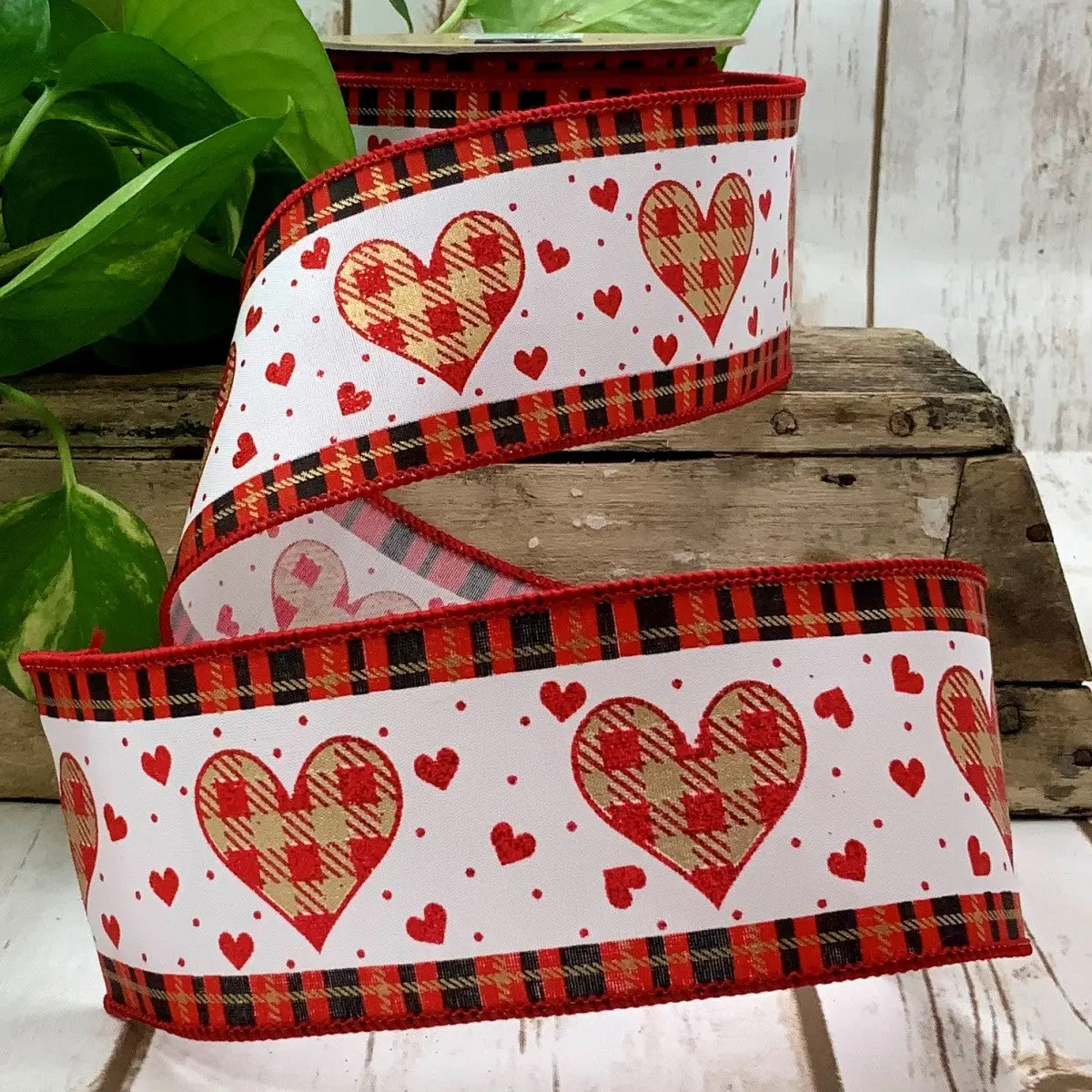 Checkered Heart Red and Black Plaid Border Ribbon 2.5” x 10yd