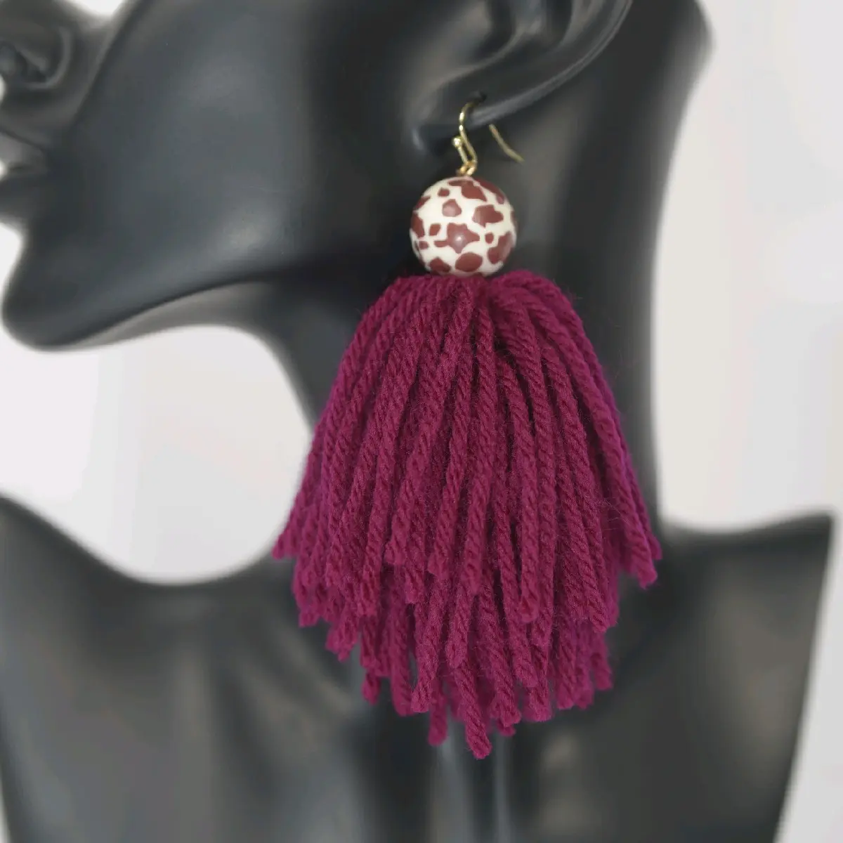 Tassel Earrings Wine Colored with white accents