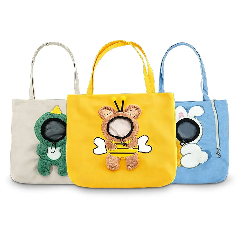 Cute Cartoon Styled Tote Pet Carrier Bag for Dogs & Cats, with 3D Plush Appliqué, Transparent Viewing Window, Washable Design & Enclosed Safety Protection