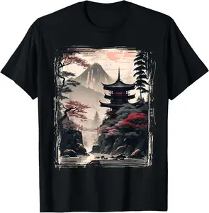 Cotton graphic tees Vintage Japanese Flower Tee Mountain View Landscape Graphic T-Shirt