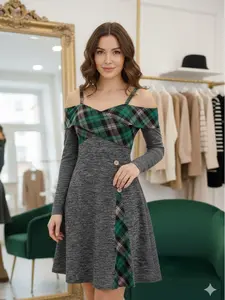 Plaid Print Crossover Cold Shoulder Knit A Line Dress Space Dye Long Sleeve Knitted Godet Dress