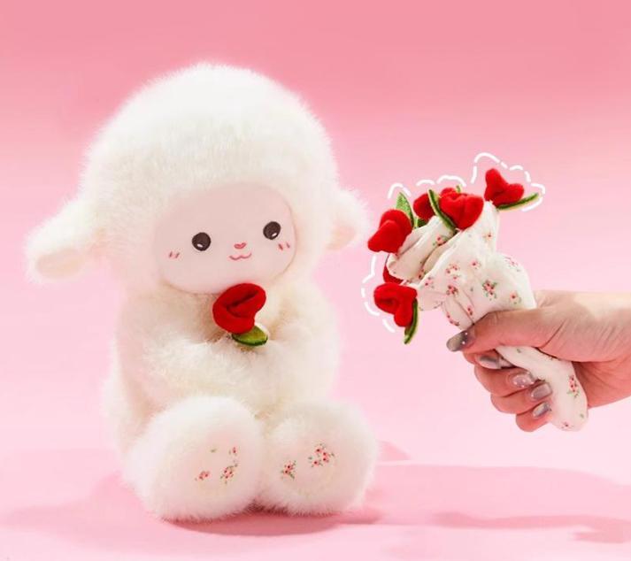 Rose Lamb Plush Toy Series - 20cm Cute Collectible Figure with Carrot Hat & Scarf, Holiday Gifts,soft dolls for home sofa & bed& bag