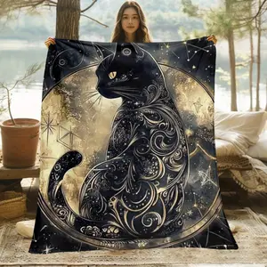 1pc Mystical Black Cat Flannel Throw Blanket - Lightweight, Soft,  Celestial Starry Design for Sofa, Bed, Camping, Office, and Outdoor Use - Machine Washable All-Season Cozy Cover, Cozy Bedding | Celestial Theme | Decorative Blanket,