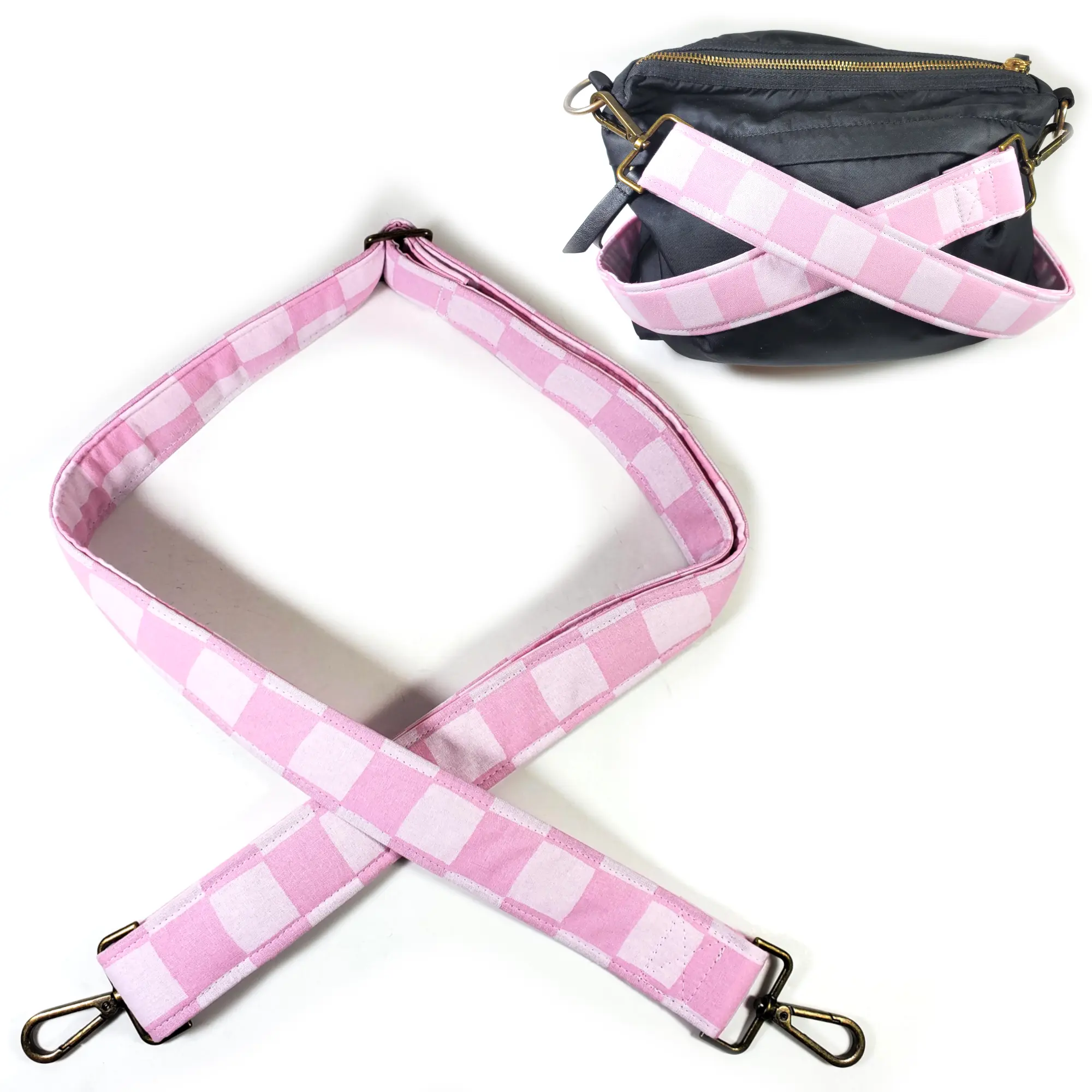Pink & White Plaid Cross Body Guitar Style Bag Strap - Large Pink Check