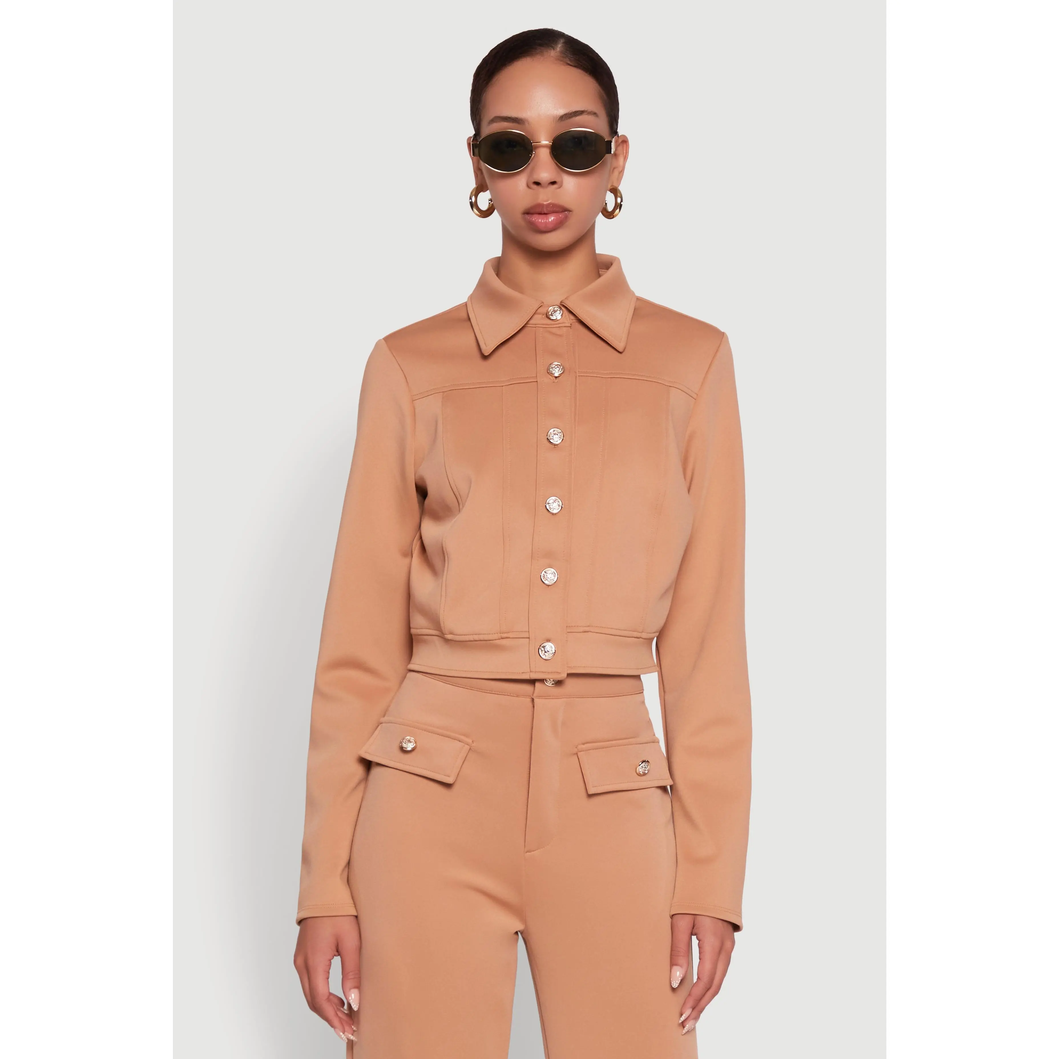 Scuba Metallic Button Front Cropped Shacket