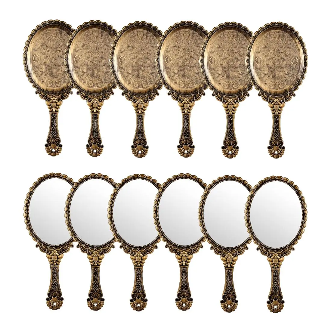 12 Pieces Vintage Handheld Mirror Portable Embossed Flower Mirror Hand Held Decorative Compact with Handle for Face Makeup Travel Personal Cosmetic Salon