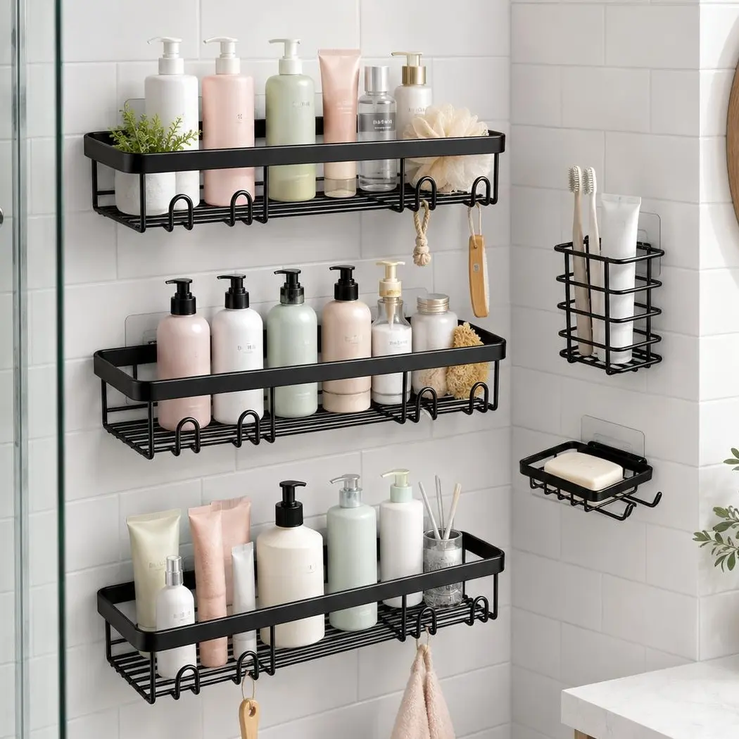 5-Piece Adhesive Shower Caddy Set, Metal No-Drill Bathroom Organizer with 3 Shower Shelves, Soap Holder & Toothbrush Holder, Wall Mounted Corner Storage Baskets for Bathroom, Kitchen, Dorm & Apartment Essentials