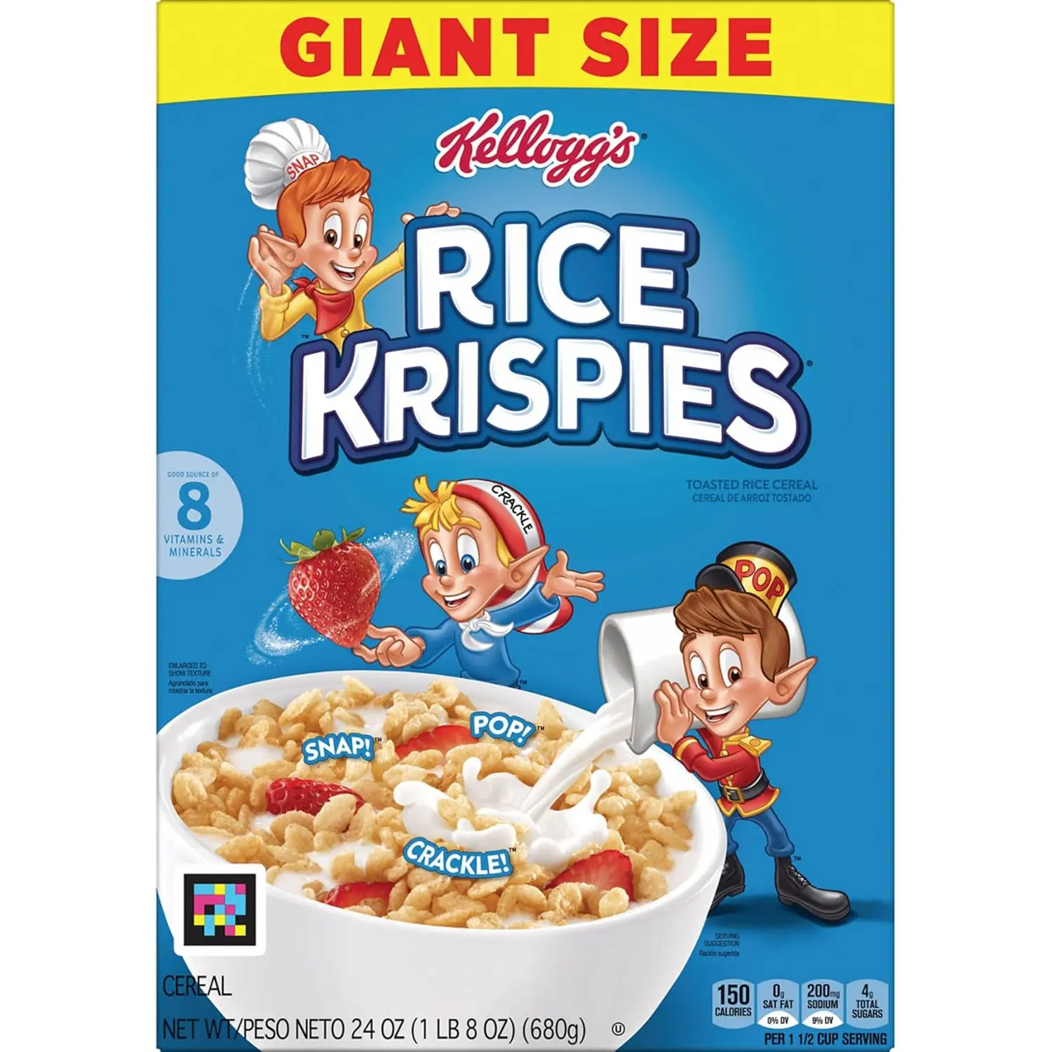 Kellogg's Rice Krispies Cold Breakfast Cereal, 8 Vitamins and Minerals, Treats, Giant Size, Original, 24oz Box (1 Box)