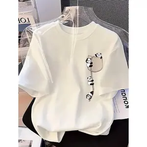 Women's Panda Print Round Neck Shortsleeve Tshirt, 2026 New Summer Casual Sporty Top for Sports & Outdoor Apparel