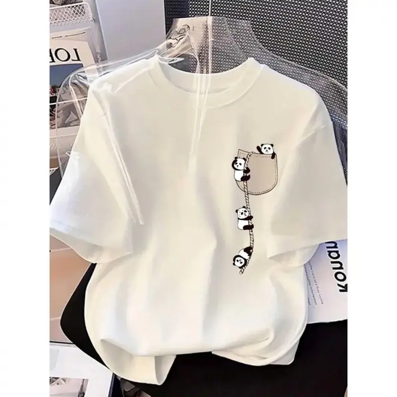 Women's Panda Print Round Neck Shortsleeve Tshirt, 2026 New Summer Casual Sporty Top for Sports & Outdoor Apparel