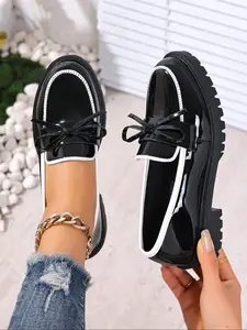 Fashionable Comfortable Casual Flat Loafers with Bow Design, High-Shine Wear-Resistant Rubber Sole, Perfect for All Seasons