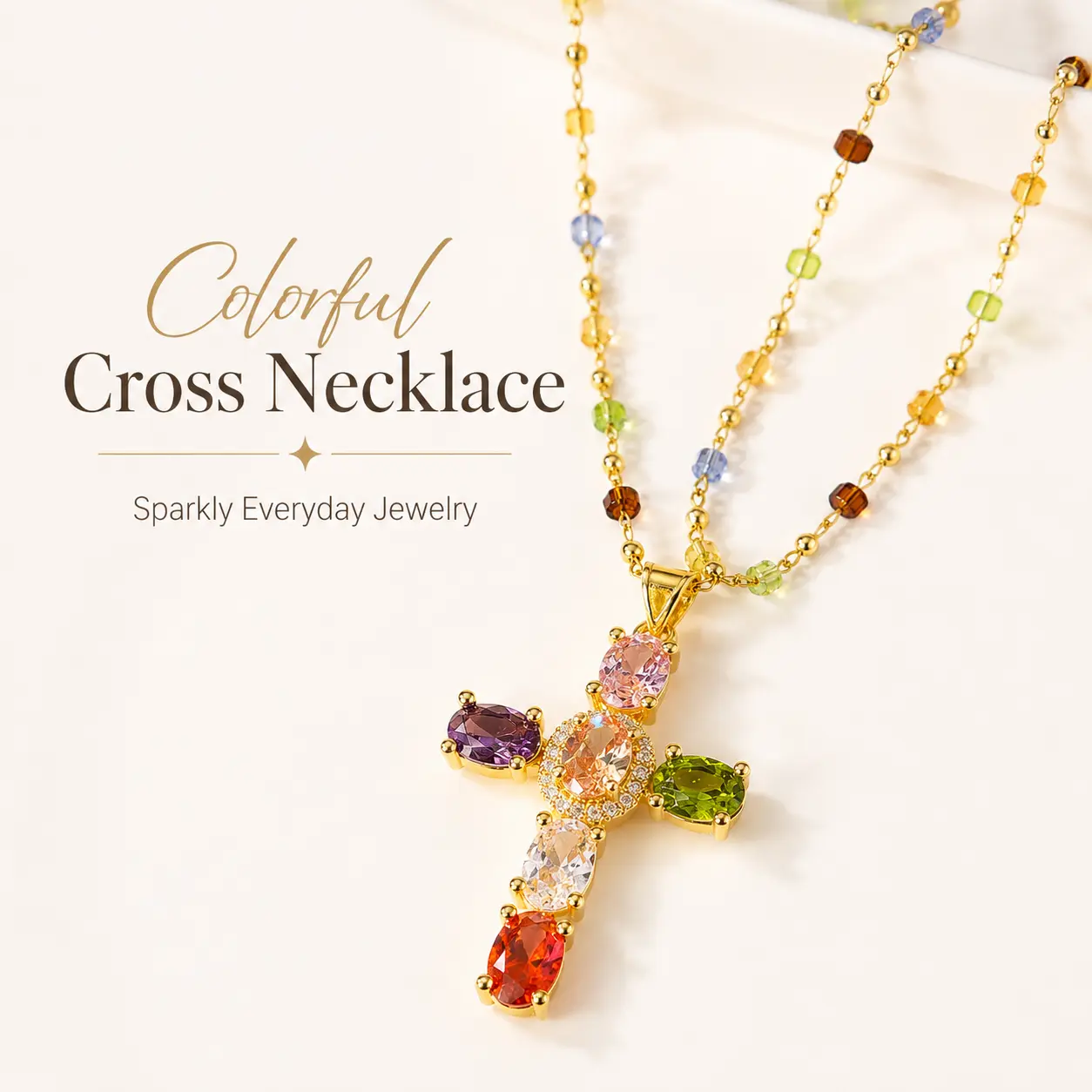 Colorful Cross Necklace, Cross Pendant Necklace, Gold-Tone Necklace, Multicolor Stone Necklace, Beaded Chain Necklace, Sparkly Necklace, Women Jewelry, Daily Wear Jewelry, Party Jewelry, Vacation Jewelry