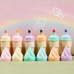 6pcs/set Ice Cream Cone Shaped Marker Pen, 6-color Mini Highlighter Pen, Stationery Supplies For School Office Home Use