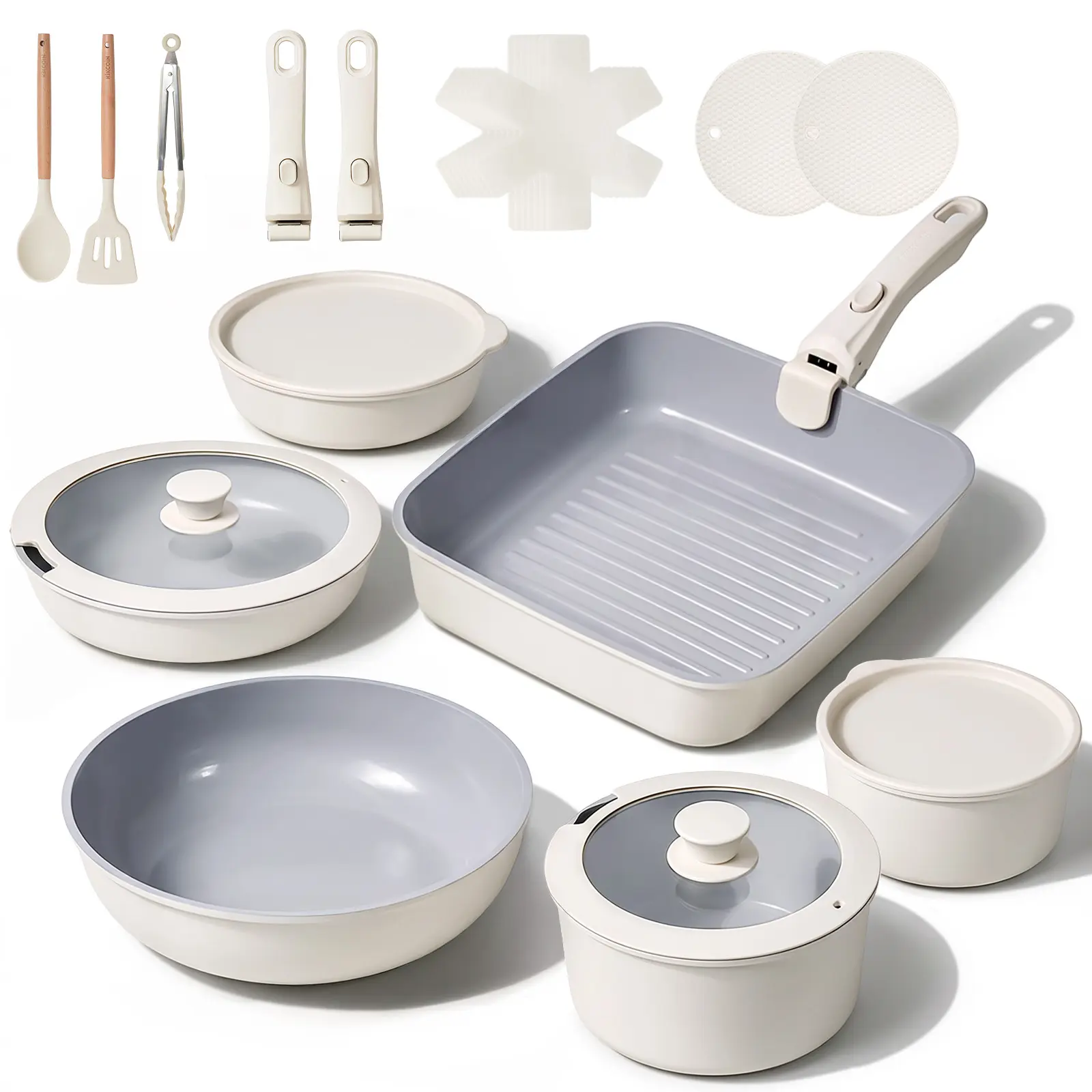 [OOAK Dishwasher safe]Kikcoin Non-Toxic Nonstick Ceramic 22pcs cookware set with detachable handle,Lids,Oven Safe,pots and pans set complete Cookware Set,Dutch oven,PFAS-Free,Kitchen,Outdoor Induction Compatible,Mother’s Day gift
